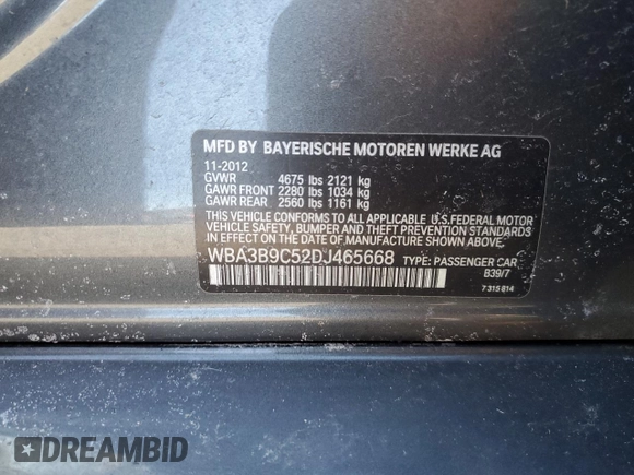 2013 BMW 3 Series 335i xDrive with VIN WBA3B9C52DJ465668, listed as a Copart auction lot 48459065 with 70,238 mi miles and Clean Title. Bid and sale history available at carsss.com. Image 12.