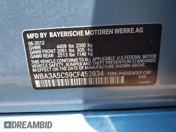 2012 BMW 3 Series 328i with VIN WBA3A5C59CF452834, listed as a IAAI auction lot 42313497 with 177,718 mi miles and . Bid and sale history available at DreamBid. Image 9.