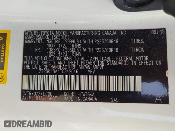 2015 Lexus RX 350 with VIN 2T2BK1BA1FC342646, listed as a IAAI auction lot 42425345 with 112,503 mi miles and . Bid and sale history available at DreamBid. Image 9.