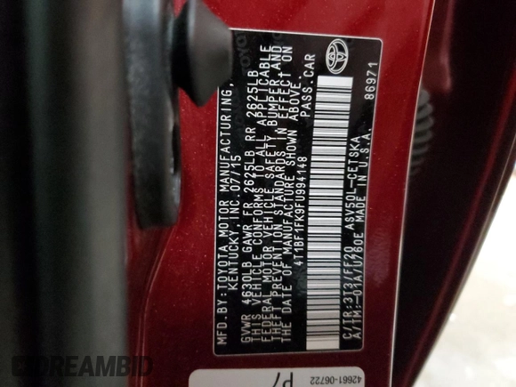 2015 Toyota Camry XLE with VIN 4T1BF1FK9FU994148, listed as a Copart auction lot 50994595 with 126,565 mi miles and Salvage Title. Bid and sale history available at DreamBid. Image 13.