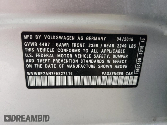 2015 Volkswagen CC R-Line z VIN WVWBP7AN7FE827416, wystawiony jako Copart lot #79017904 z przebiegiem 182 162 mil mil oraz Szkoda całkowita • Salvage title. Historia ofert i sprzedaży dostępna na DreamBid. Obrazek 12.