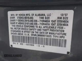2008 Honda Odyssey Touring with VIN 5FNRL38888B018625, listed as a IAAI auction lot 41383235 with 215,255 mi miles. Bid and sale history available at carsss.com. Image 9.