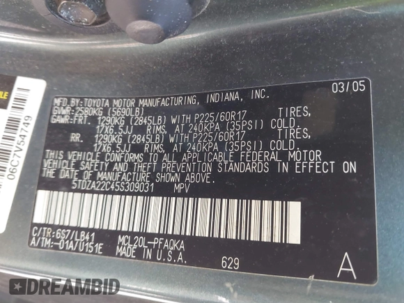 2005 Toyota Sienna XLE with VIN 5TDZA22C45S309031, listed as a IAAI auction lot 42165794 with 130,681 mi miles and . Bid and sale history available at DreamBid. Image 9.