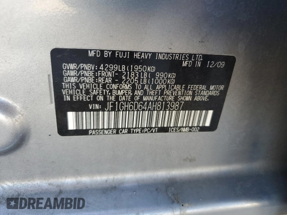2010 Subaru Impreza Outback Special Sports z VIN JF1GH6D64AH813987, wystawiony jako Copart lot #57916095 z przebiegiem 160 916 mil mil oraz Szkoda całkowita • Salvage title. Historia ofert i sprzedaży dostępna na DreamBid. Obrazek 12.