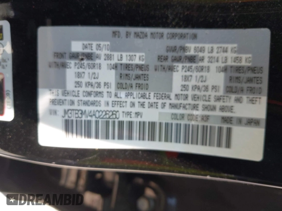 2010 Mazda CX-9 Touring with VIN JM3TB3MV4A0226260, listed as a IAAI auction lot 42503357 with 188,227 mi miles and . Bid and sale history available at DreamBid. Image 9.