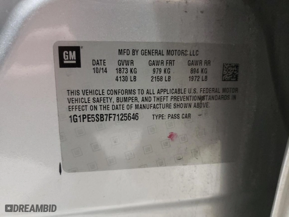 2015 Chevrolet Cruze LT with VIN 1G1PE5SB7F7125646, listed as a Copart auction lot 42486305 with 192,246 mi miles and Salvage Title. Bid and sale history available at carsss.com. Image 14.