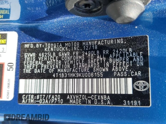 2019 Toyota Camry Hybrid LE z VIN 4T1B31HK9KU006155, wystawiony jako Copart lot #58420135 z przebiegiem 72 666 mil mil oraz Szkoda całkowita • Salvage title. Historia ofert i sprzedaży dostępna na DreamBid. Obrazek 13.