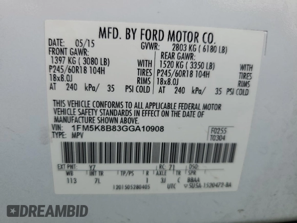 2016 Ford Explorer with VIN 1FM5K8B83GGA10908, listed as a Copart auction lot 51629455 with 194,749 mi miles and Salvage Title. Bid and sale history available at DreamBid. Image 15.
