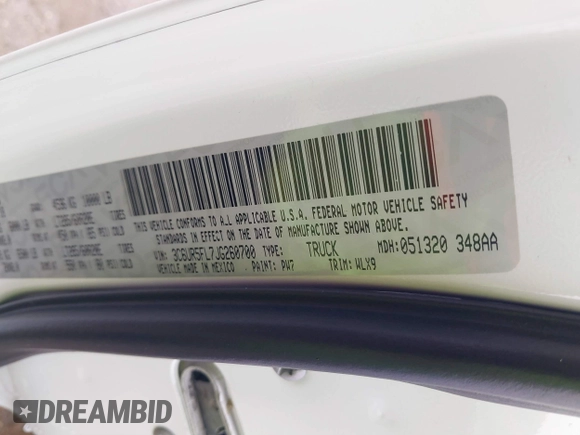 2018 Ram 2500 Laramie with VIN 3C6UR5FL7JG260700, listed as a IAAI auction lot 41343304 with Not provided miles and . Bid and sale history available at DreamBid. Image 9.