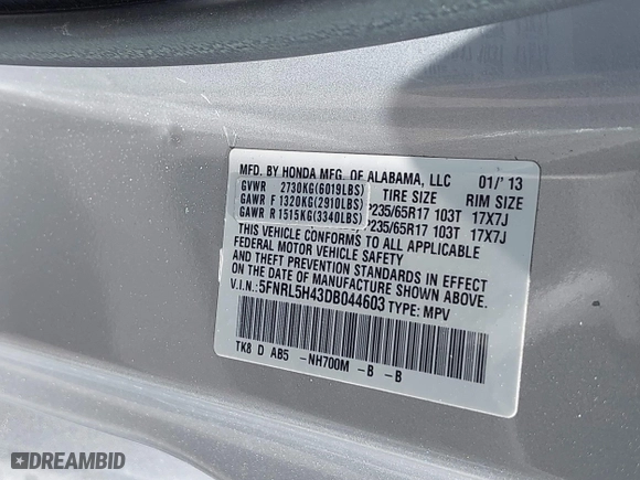 2013 Honda Odyssey EX with VIN 5FNRL5H43DB044603, listed as a IAAI auction lot 41996667 with 132,864 mi miles. Bid and sale history available at carsss.com. Image 9.