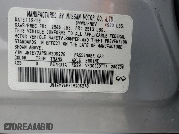 2020 Infiniti Q50 Luxe with VIN JN1EV7AP5LM206278, listed as a Copart auction lot 48174805 with 151,366 mi miles and Clean Title. Bid and sale history available at DreamBid. Image 13.