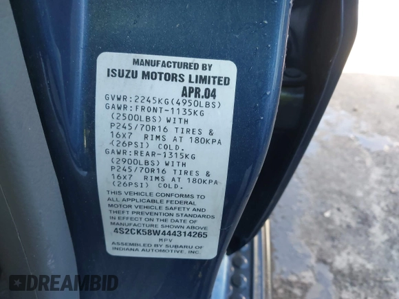 2004 Isuzu Rodeo S with VIN 4S2CK58W444314265, listed as a IAAI auction lot 41294636 with 291,080 mi miles and . Bid and sale history available at DreamBid. Image 9.