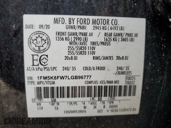 2020 Ford Explorer Limited with VIN 1FM5K8FW7LGB96777, listed as a Copart auction lot 47564175 with 0 mi miles and Salvage Title. Bid and sale history available at carsss.com. Image 14.