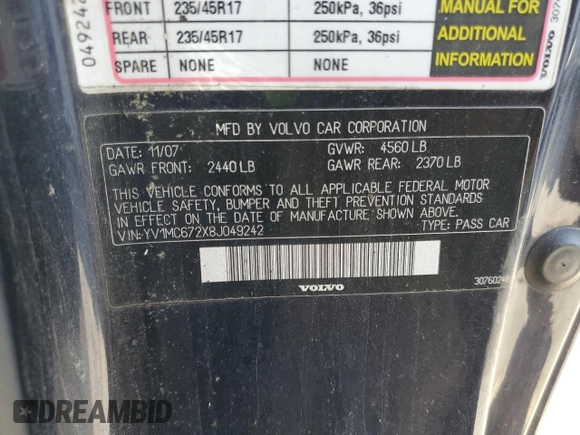 2008 Volvo C70 с VIN YV1MC672X8J049242, выставлен на аукционе Copart как лот 54131745 с пробегом 125 060 миль миль и Списание • Salvage title. История ставок и продаж доступна на DreamBid. Изображение 12.