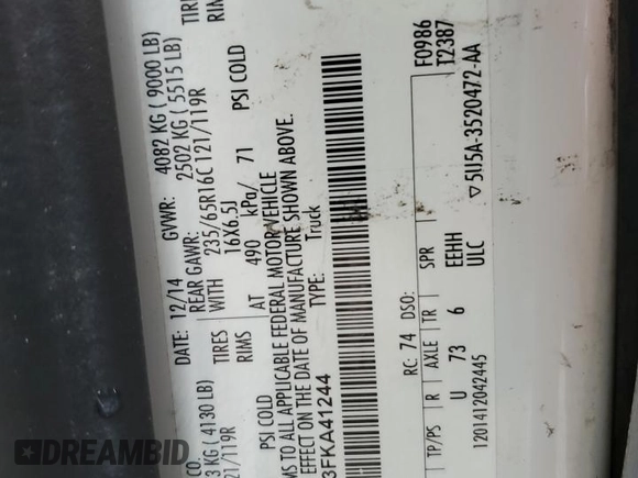 2015 Ford Transit Cargo with VIN 1FTNR1YM3FKA41244, listed as a Copart auction lot 48380255 with 34,640 mi miles and Salvage title. Bid and sale history available at DreamBid. Image 13.