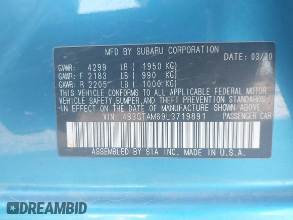 2020 Subaru Impreza Special Sports with VIN 4S3GTAM69L3719891, listed as a IAAI auction lot 42573525 with 148,704 mi miles and . Bid and sale history available at DreamBid. Image 9.