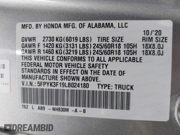 2020 Honda Ridgeline Sport with VIN 5FPYK3F19LB024180, listed as a IAAI auction lot 42399195 with 42,129 mi miles and . Bid and sale history available at DreamBid. Image 9.