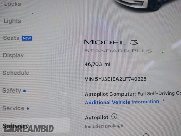 2020 Tesla Model 3 Standard Range Plus with VIN 5YJ3E1EA2LF740225, listed as a IAAI auction lot 41781554 with 46,703 mi miles. Bid and sale history available at carsss.com. Image 14.