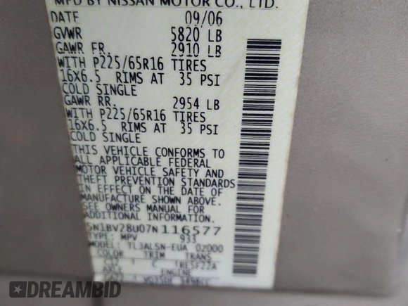 2007 Nissan Quest S with VIN 5N1BV28U07N116577, listed as a Copart auction lot 83698144 with 143,921 mi miles and Salvage Title. Bid and sale history available at carsss.com. Image 15.