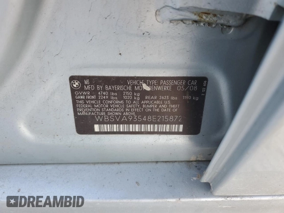 2008 BMW 3 Series M3 with VIN WBSVA93548E215872, listed as a Copart auction lot 88945255 with Not provided miles and Clean title. Bid and sale history available at DreamBid. Image 12.