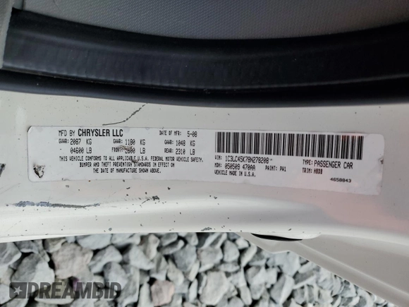 2008 Chrysler Sebring LX with VIN 1C3LC45K78N278208, listed as a Copart auction lot 52154595 with 174,459 mi miles and Salvage title. Bid and sale history available at DreamBid. Image 12.
