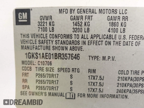 2011 GMC Yukon SLE with VIN 1GKS1AE01BR357646, listed as a IAAI auction lot 41352588 with 193,225 mi miles. Bid and sale history available at carsss.com. Image 9.