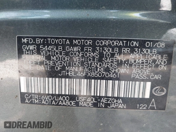 2008 Lexus LS 460 с VIN JTHBL46FX85070461, выставлен на аукционе IAAI как лот 42571593 с пробегом 205 220 миль миль и . История ставок и продаж доступна на DreamBid. Изображение 9.