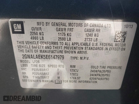 2014 Chevrolet Equinox LS with VIN 2GNALAEK5E6147979, listed as a IAAI auction lot 41987035 with 134,821 mi miles. Bid and sale history available at carsss.com. Image 9.