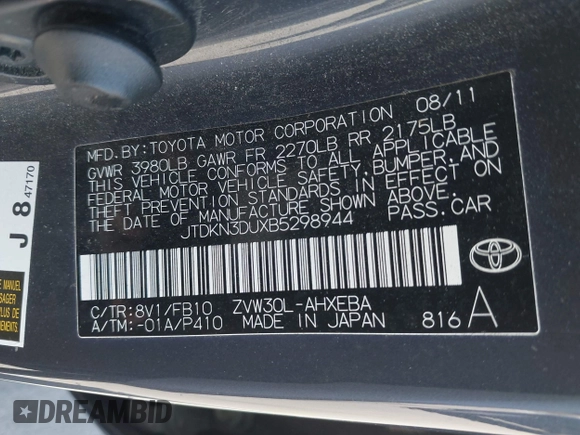 2011 Toyota Prius I with VIN JTDKN3DUXB5298944, listed as a IAAI auction lot 42156230 with 218,438 mi miles and . Bid and sale history available at DreamBid. Image 9.