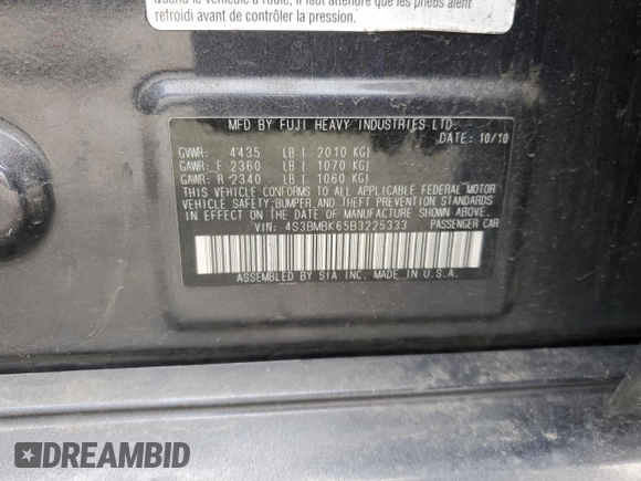 2011 Subaru Legacy Limited Power Moon with VIN 4S3BMBK65B3225333, listed as a Copart auction lot 53786325 with 200,299 mi miles and Non repairable. Bid and sale history available at DreamBid. Image 14.