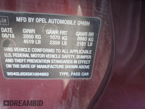 2019 Buick Regal Preferred with VIN W04GL6SX5K1004863, listed as a Copart auction lot 53769475 with 115,349 mi miles and Salvage title. Bid and sale history available at DreamBid. Image 13.
