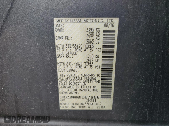 2016 Nissan Murano Platinum z VIN 5N1AZ2MH8GN167866, wystawiony jako Copart lot #55570035 z przebiegiem 119 268 mil mil oraz Szkoda całkowita • Salvage title. Historia ofert i sprzedaży dostępna na DreamBid. Obrazek 13.