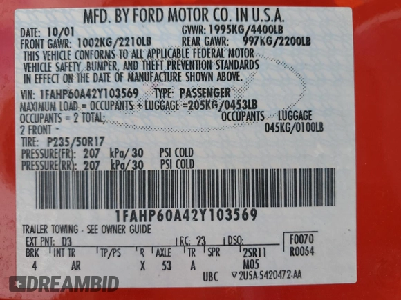 2002 Ford Thunderbird Hardtop Premium with VIN 1FAHP60A42Y103569, listed as a Copart auction lot 87278724 with Not Provided miles and Salvage Title. Bid and sale history available at DreamBid. Image 12.