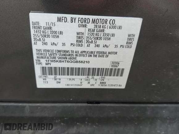 2016 Ford Explorer Platinum with VIN 1FM5K8HT6GGB58210, listed as a Copart auction lot 54358305 with 182,986 mi miles and Salvage Title. Bid and sale history available at DreamBid. Image 13.