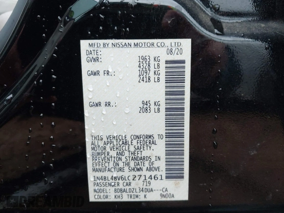 2020 Nissan Altima S with VIN 1N4BL4BV6LC271461, listed as a IAAI auction lot 41628226 with 22,675 mi miles and . Bid and sale history available at DreamBid. Image 9.