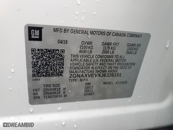 2018 Chevrolet Equinox Premier with VIN 2GNAXVEVXJ6326101, listed as a Copart auction lot 84187174 with 47,177 mi miles and Salvage Title. Bid and sale history available at carsss.com. Image 15.