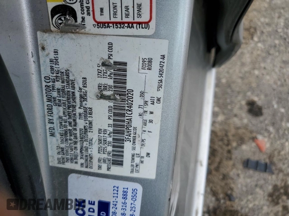 2012 Ford Fusion SE with VIN 3FAHP0HA1CR402020, listed as a Copart auction lot 55235205 with 177,028 mi miles and Non Repairable. Bid and sale history available at DreamBid. Image 12.
