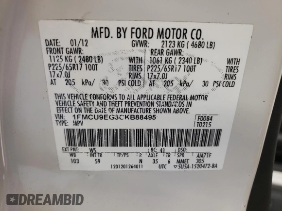 2012 Ford Escape Limited z VIN 1FMCU9EG3CKB88495, wystawiony jako Copart lot #80096324 z przebiegiem 382 892 mil mil oraz Szkoda całkowita • Salvage title. Historia ofert i sprzedaży dostępna na DreamBid. Obrazek 12.
