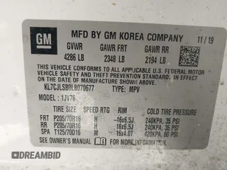 2020 Chevrolet Trax LT with VIN KL7CJLSB0LB070677, listed as a IAAI auction lot 42303980 with 95,043 mi miles and . Bid and sale history available at DreamBid. Image 9.