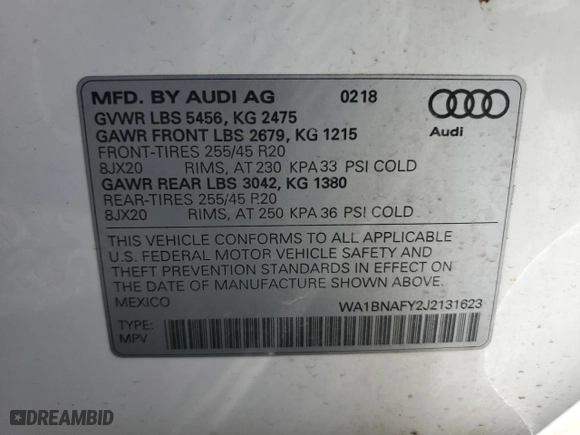 2018 Audi Q5 Premium Plus with VIN WA1BNAFY2J2131623, listed as a Copart auction lot 50721955 with 78,627 mi miles and Salvage Title. Bid and sale history available at carsss.com. Image 12.
