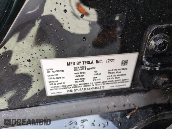 2022 Tesla Model S Plaid z VIN 5YJSA1E64NF461218, wystawiony jako Copart lot #74178794 z przebiegiem Nie podano mil oraz Szkoda całkowita • Salvage title. Historia ofert i sprzedaży dostępna na DreamBid. Obrazek 13.