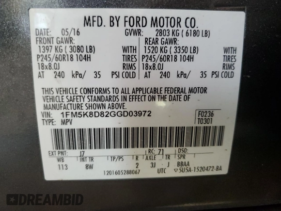 2016 Ford Explorer XLT z VIN 1FM5K8D82GGD03972, wystawiony jako Copart lot #56663825 z przebiegiem 94 304 mil mil oraz Szkoda całkowita • Salvage title. Historia ofert i sprzedaży dostępna na DreamBid. Obrazek 14.