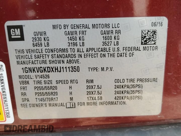 2017 Chevrolet Traverse LT with VIN 1GNKVGKDXHJ111350, listed as a Copart auction lot 50729445 with 95,064 mi miles and Salvage Title. Bid and sale history available at DreamBid. Image 15.