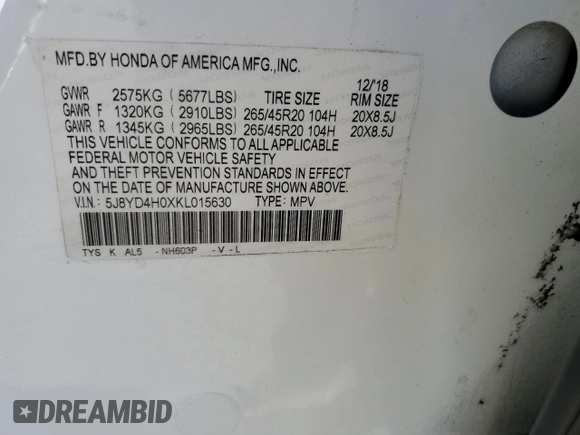 2019 Acura MDX Technology with VIN 5J8YD4H0XKL015630, listed as a Copart auction lot 67860664 with Not provided miles and Salvage title. Bid and sale history available at DreamBid. Image 15.