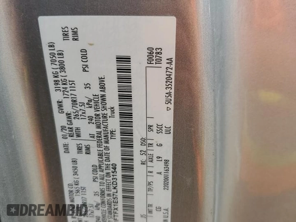 2020 Ford F-150 XL with VIN 1FTFX1E57LKD31540, listed as a Copart auction lot 59100905 with 83,177 mi miles and Salvage title. Bid and sale history available at DreamBid. Image 12.