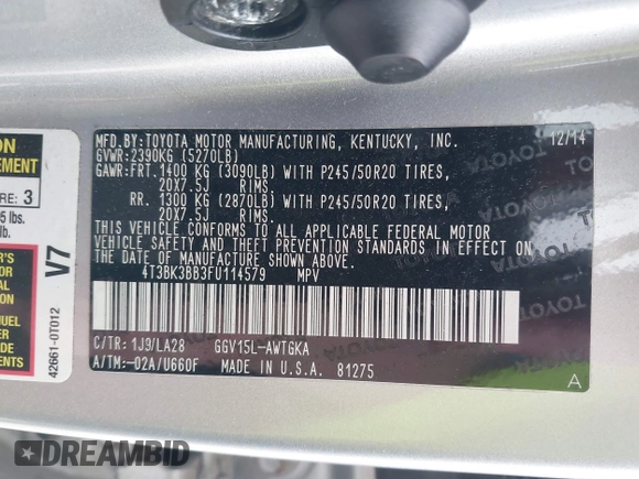 2015 Toyota Venza XLE with VIN 4T3BK3BB3FU114579, listed as a IAAI auction lot 40569485 with Not Provided miles. Bid and sale history available at carsss.com. Image 9.