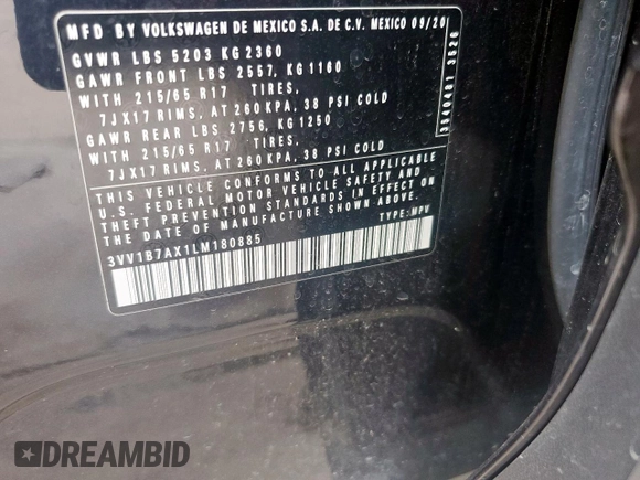 2020 Volkswagen Tiguan S z VIN 3VV1B7AX1LM180885, wystawiony jako Copart lot #60566125 z przebiegiem 59 276 mil mil oraz Szkoda całkowita • Salvage title. Historia ofert i sprzedaży dostępna na DreamBid. Obrazek 13.