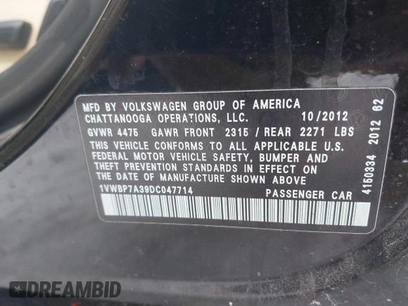 2013 Volkswagen Passat SE z VIN 1VWBP7A39DC047714, wystawiony jako IAAI lot #41577301 z przebiegiem 162 164 mil mil oraz . Historia ofert i sprzedaży dostępna na DreamBid. Obrazek 9.