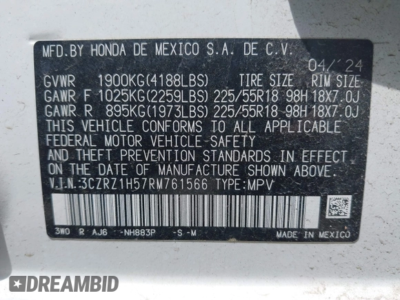 2024 Honda HR-V Sport with VIN 3CZRZ1H57RM761566, listed as a IAAI auction lot 42196492 with 12,113 mi miles and . Bid and sale history available at DreamBid. Image 9.