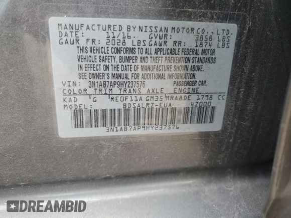 2017 Nissan Sentra SR with VIN 3N1AB7AP9HY237576, listed as a Copart auction lot 58853165 with 93,720 mi miles and Salvage title. Bid and sale history available at DreamBid. Image 12.